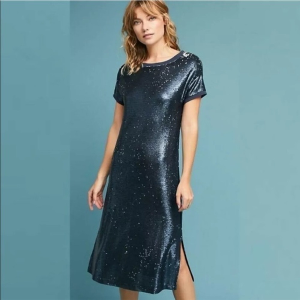 ANTHRO Moulinette Soeurs Interstella Blue Sequin Midi Shift Dress size XS